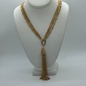 Vintage Gold Tone Multi-Chain Tassel Necklace Art Deco Revival Boho 20" Chain Wi